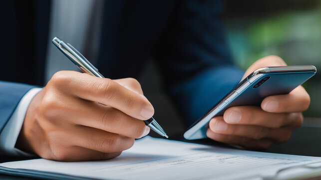 Person writing while holding a smartphone
