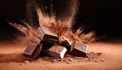 chocolate blocks crumbling and exploding in cocoa powder background