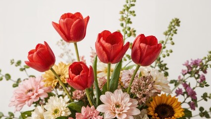 Fototapeta premium Red tulips among various colorful flowers in a floral bouquet.