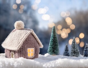 cozy knit cottage in snowy landscape with soft bokeh background