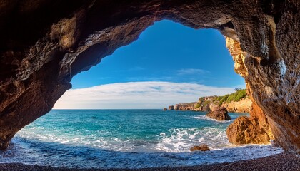 a view of the ocean through a cave opening