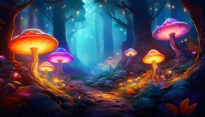 vibrant fantasy forest with glowing mushrooms and colorful leaves in a mystical atmosphere