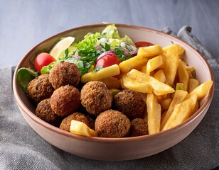 hearty falafel bowl with fries and salad