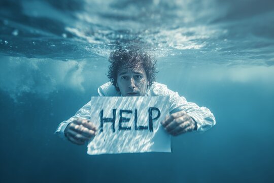 Businessman struggling in the ocean with a plea for help on a piece of paper in hand