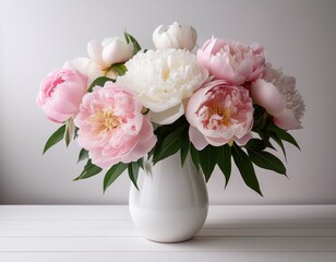 elegant pink and white peony bouquet in simple white vase