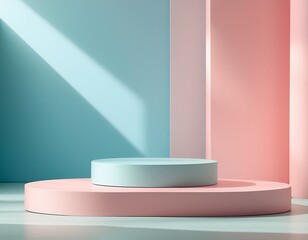 pastel podiums in a light pink and light blue room