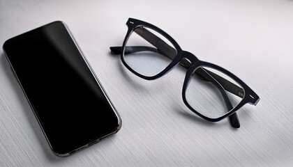 stylish black eyeglasses next to modern smartphone on white table
