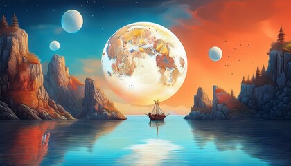 a surreal landscape with a large moon a boat in the water and rocky cliffs in the background