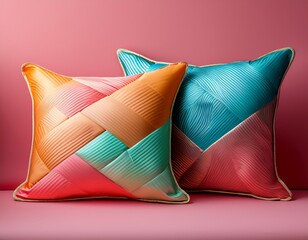 two decorative pillows in vibrant colors resting on a soft pink background
