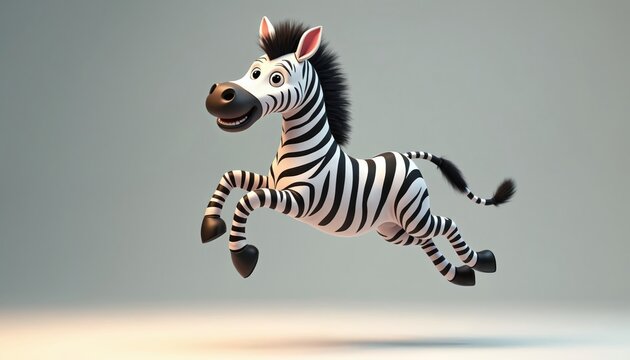 Happy cartoon zebra jumps in air with big smile. Cute animated animal black, white stripes. Playful character with big eyes smiles at camera. Funny wildlife illustration on light studio background,