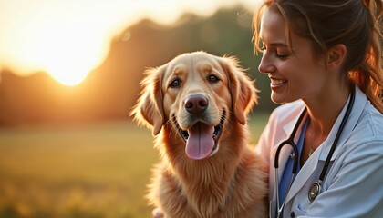 Young female veterinarian smiles, embraces healthy golden retriever dog outdoors. Happy pet, caring professional vet bond under warm sun. Animal care, health checkup, trusted veterinary service in