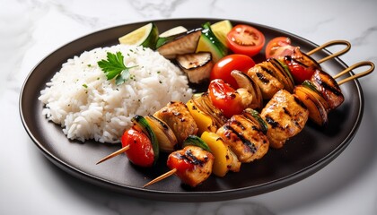 grilled chicken and vegetable skewers with rice and sides