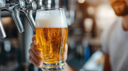 Quality check of craft beer at a lively brewery in the afternoon sun