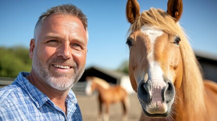 Farmer couple enjoys sunny day with bitless horses in ranch corral