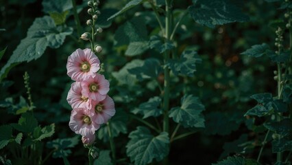 Cluster of pink hollyhock flowers blooming among green leaves in a garden setting.