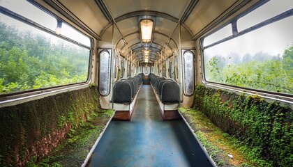 a surreal scene inside a vintage subway car where passengers ride calmly as nature with soil and plants reclaims the interior space