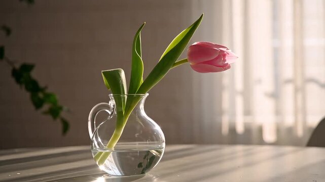 Single pink tulip with long green stem and leaf in a clear glass vase standing on a table