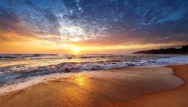 a vibrant sunrise paints the sky with golden hues as waves gently lap against the sandy shore