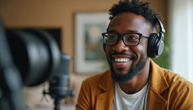 African man smiles while recording podcast with headphones in home studio. Focused creator captures audio content. Digital media pro works at desk, expressing enthusiasm for online communication.