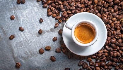freshly brewed espresso shot surrounded by coffee beans