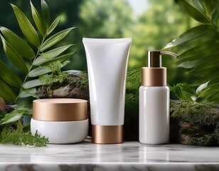 assorted skincare products displayed on a marble surface with lush greenery in background