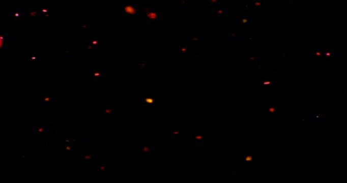 Red particles drift in water against a dark background, glimmering and reflecting warm light like tiny stars&mdash;abstract, dreamy, cosmic visual texture.