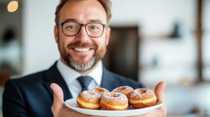 Businessman presenting delightful donuts with a perfect sign gesture