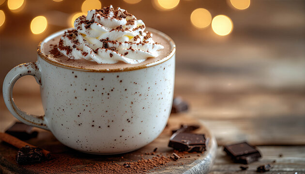 Hot chocolate beverage with whipped cream topping in white speckled mug on rustic wooden table with coffee bean and cinnamon stick