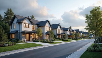 Neatly manicured suburban street showcases modern upscale homes with stone accents and rich green yards. Elegant residential architecture lines the paved roadway under a cloudy sky.