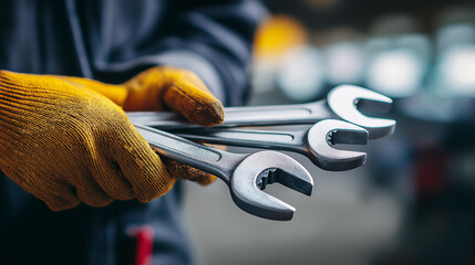 Person holding wrenches with work gloves
