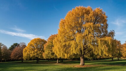 Fototapeta premium Autumn trees with golden leaves in a park with a clear blue sky and green grass.
