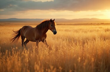 Fototapeta premium Horse runs through golden pampas grass field at sunset. Warm sunlight illuminates meadow with distant hills. Animal moves freely across landscape. Peaceful rural autumn scene.