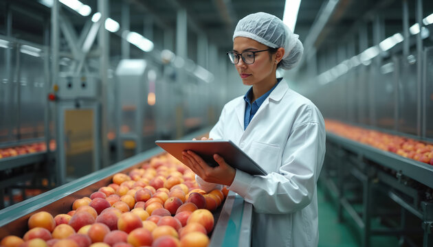 Woman in cleanroom attire checks nectarines on conveyor belt with tablet. Modern factory processes ripe fruits. Worker ensures quality and safety for food production industry.