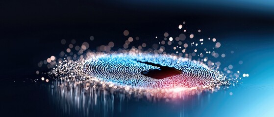 Abstract image of a digital fingerprint with glowing particles and a dark background.