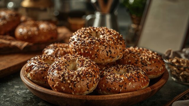 Fresh bagels with seeds on a wooden plate, bakery, breakfast, carbs, bread.