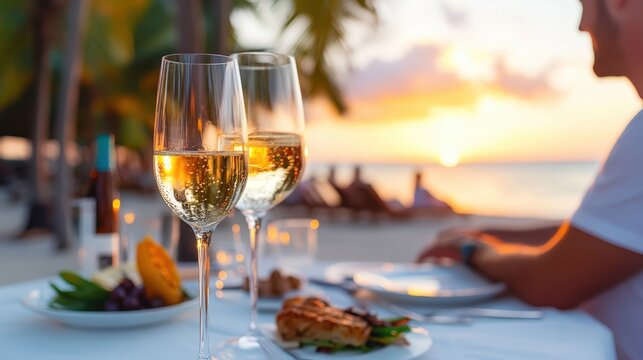 Couple enjoys exquisite dinner at beach resort during a vibrant sunset - Powered by Adobe