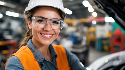 Female mechanic expertly checking motor oil under car hood in workshop