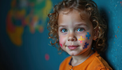 Child with colorful puzzle pieces on face smiles, symbol for autism awareness. Portrait of cute kid with curly hair represents childhood neurodiversity. Concept for special needs, mental health,
