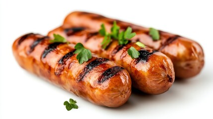 Grilled sausages showcase exquisite texture and flavor on white backdrop