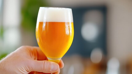 Craft brewer inspects quality of sparkling golden beer with expertise