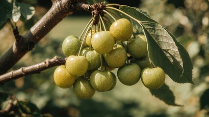 Green cherries on a tree branch in natural sunlight. Fresh fruit harvest, orchard scene. Fruit cultivation and agriculture. The concept of growing and harvesting cherries.