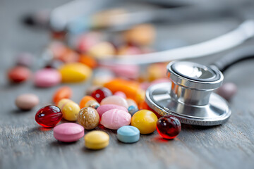 Vibrant Spectrum of Medicine: A Stethoscope Amidst Colorful Pills on a Textured Surface.