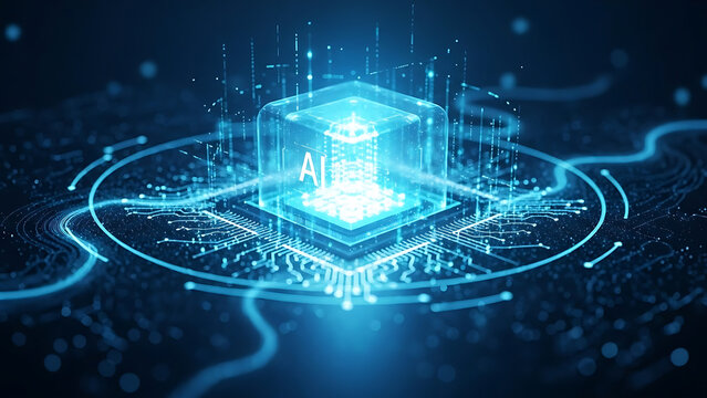 Abstract glowing blue digital cube with circuitry and data streams