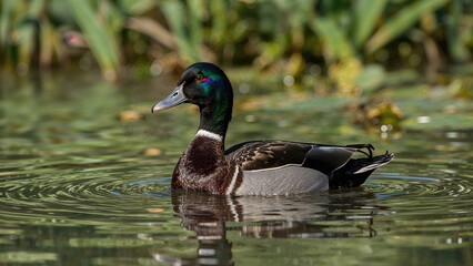 Obraz premium A duck swimming on water with a natural background.