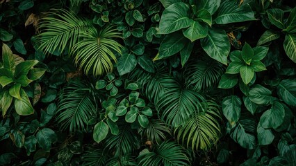 Fototapeta premium Lush green tropical leaves and plants creating a dense, vibrant jungle foliage backdrop. Nature, greenery, and tropical plant concept. The essence of lush plant life and botanical richness.