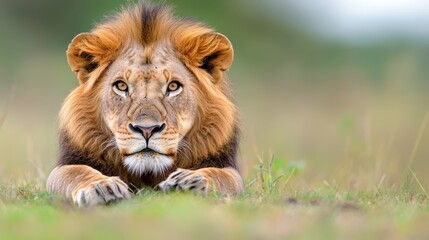 Fototapeta premium Majestic male lion resting in the grasslands of Masai Mara