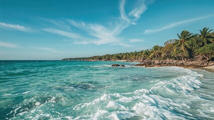 Tropical beach with palm trees and clear blue water under a partly cloudy sky