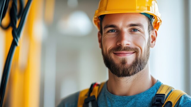 Electrician carries cables with pride on a bright working day