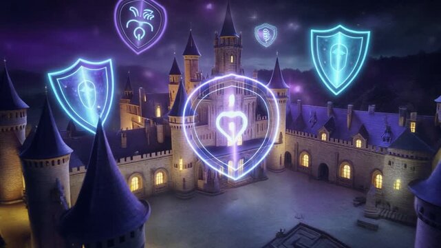 Fantasy castle with glowing emblems floating above it at night.