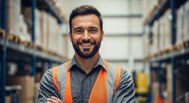 Portrait d'un ouvrier d'entrepôt souriant portant un casque de sécurité et gérant le stock dans un centre logistique.